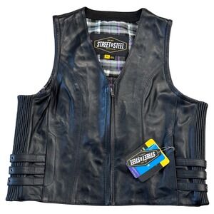 NWT Street & Steel Wmns Black Leather Motorcycle Vest‎ Plaid Lining XL Bikercore